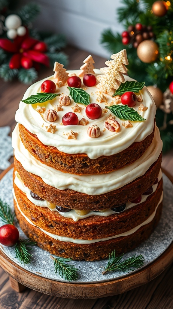 A three-layer Christmas cake decorated with frosting and festive elements, displayed on a wooden table.